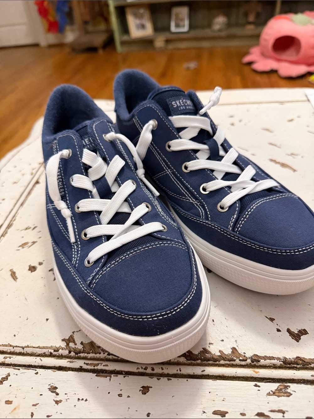 Skechers Wonen’s Navy Blue Canvas Low-Top Sneakers with White Laces